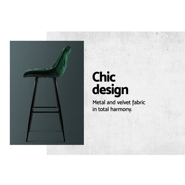 2x Bar Stools Velvet Chairs Green