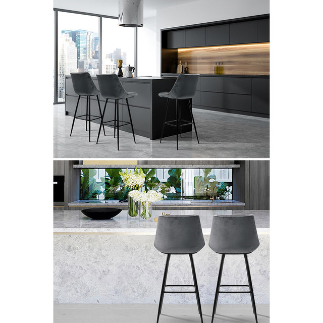2x Bar Stools Velvet Chairs Grey