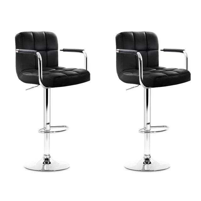 2x Bar Stools Leather Gas Lift w/Armrest Black