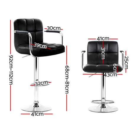4x Bar Stools Leather Gas Lift w/Armrest Black
