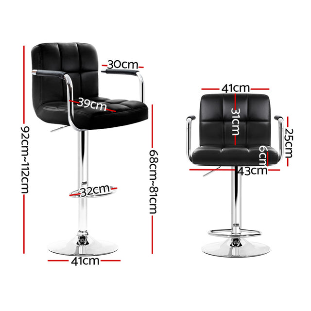 4x Bar Stools Leather Gas Lift w/Armrest Black