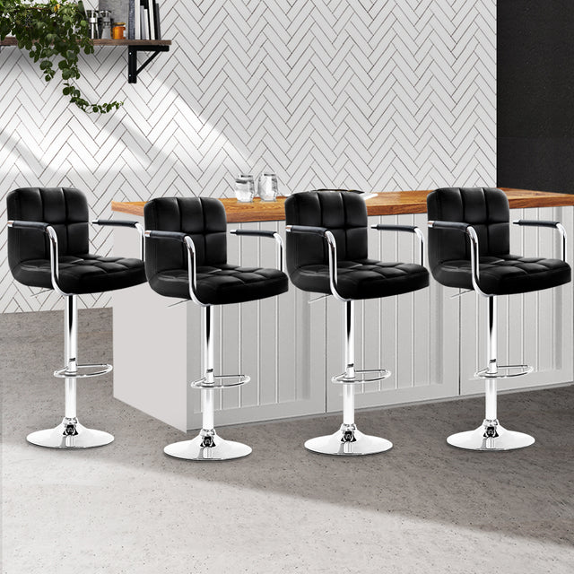 4x Bar Stools Leather Gas Lift w/Armrest Black