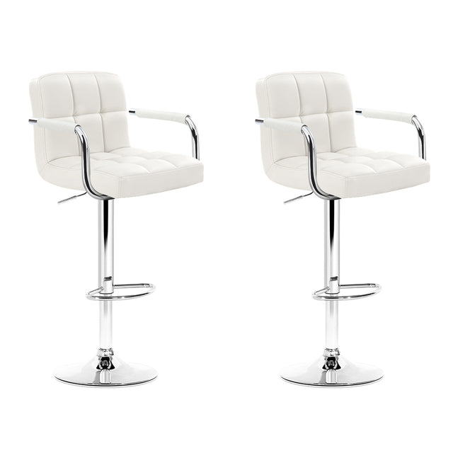 2x Bar Stools Leather Gas Lift w/Armrest White