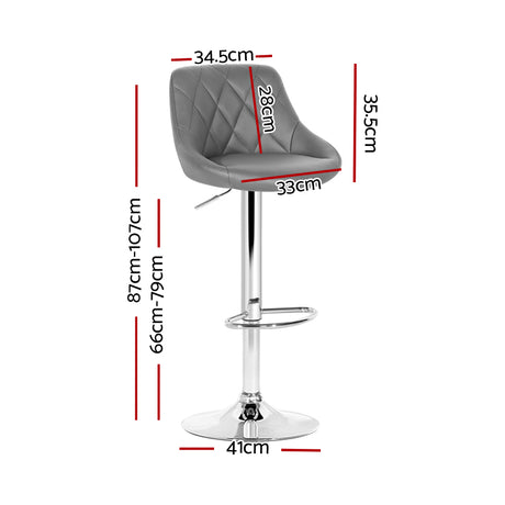 2x Bar Stools Leather Padded Gas Lift Grey