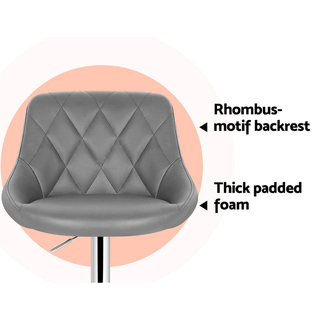 2x Bar Stools Leather Padded Gas Lift Grey