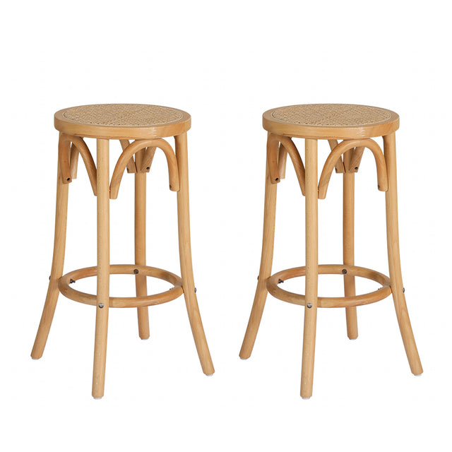 2x Bar Stools Rattan Seat Wooden