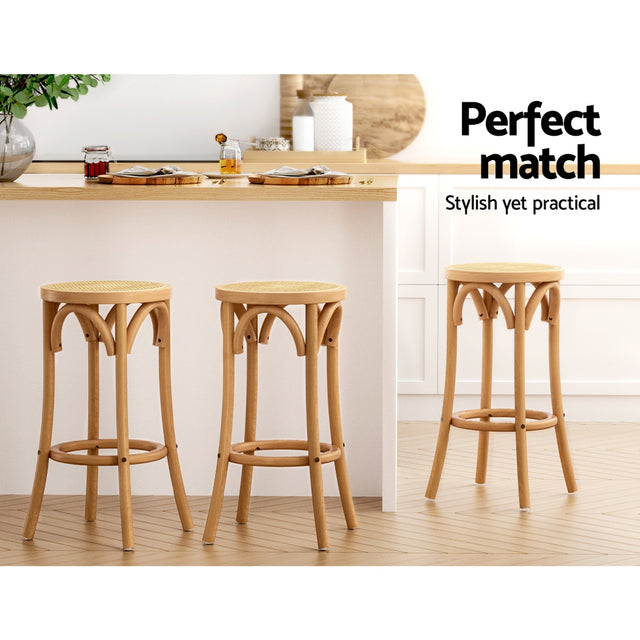 2x Bar Stools Rattan Seat Wooden