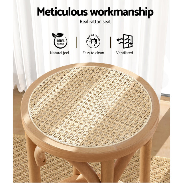 2x Bar Stools Rattan Seat Wooden