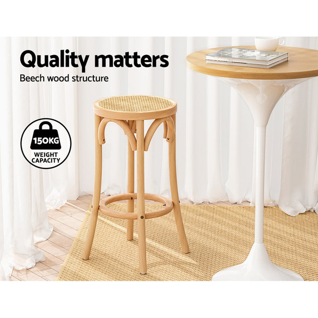 2x Bar Stools Rattan Seat Wooden