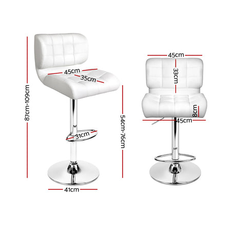 2x Bar Stools Gas Lift Leather Padded White
