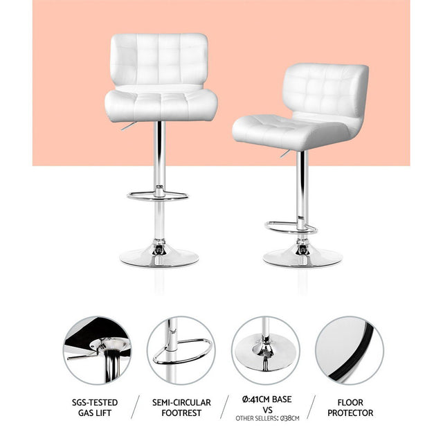 4x Bar Stools Gas Lift Leather Padded White