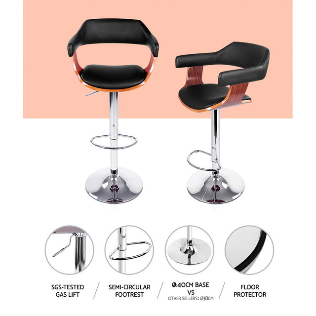 2x Bar Stools Gas Lift Leather w/Armrest Black