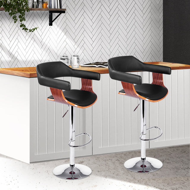 2x Bar Stools Gas Lift Leather w/Armrest Black