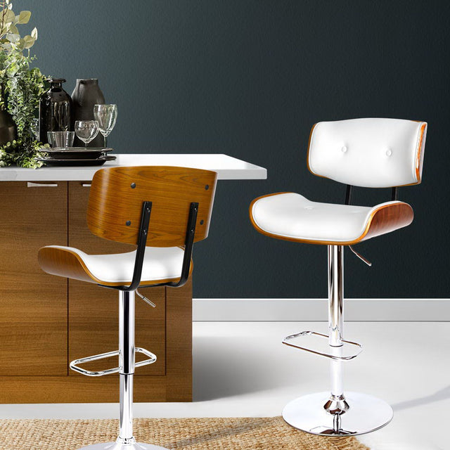 2x Bar Stools Gas Lift Leather White