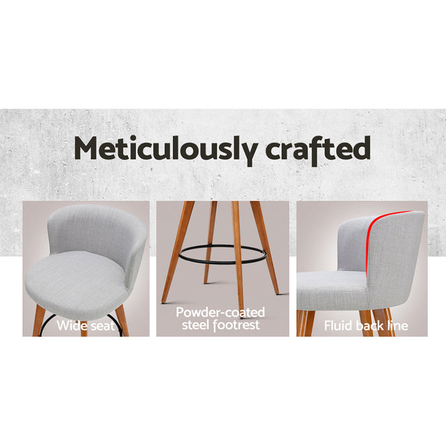 2x Bar Stools Linen Padded Wooden Grey