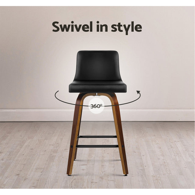 2x Bar Stools Swivel Leather Padded Wooden