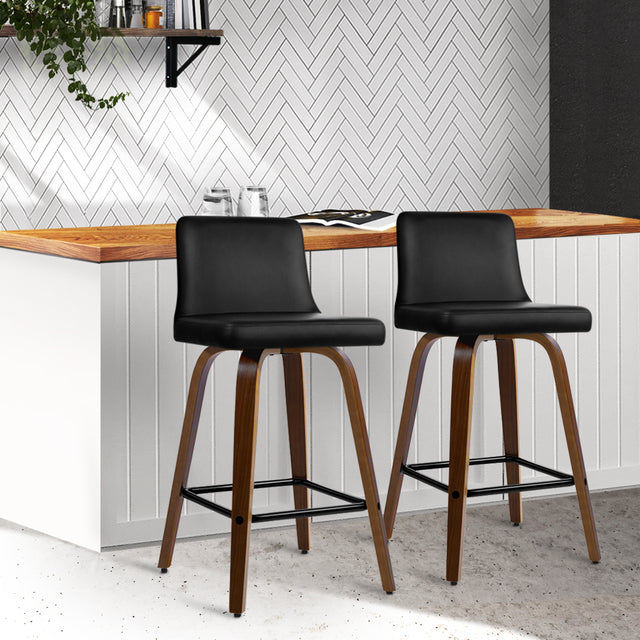 2x Bar Stools Swivel Leather Padded Wooden