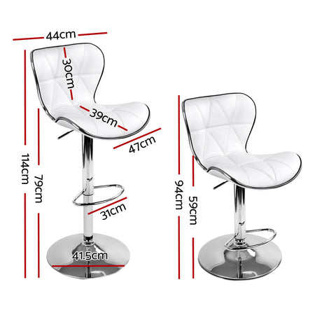 2x Bar Stools Gas Lift Leather Seat White
