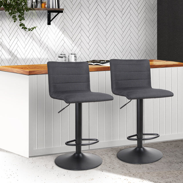 2x Bar Stools Gas Lift Linen Fabric Black