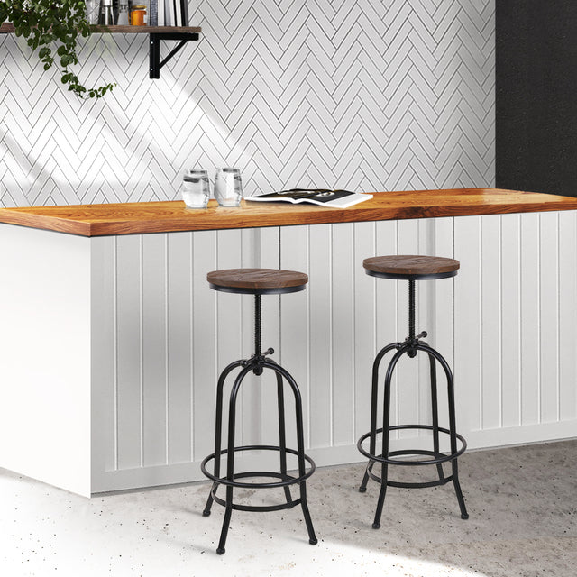 2x Bar Stools Adjustable Wood Chairs