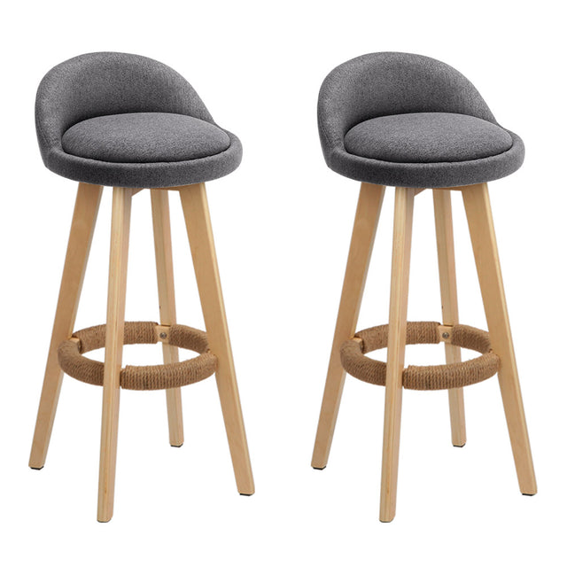 2x Bar Stools Padded Linen Wooden Grey