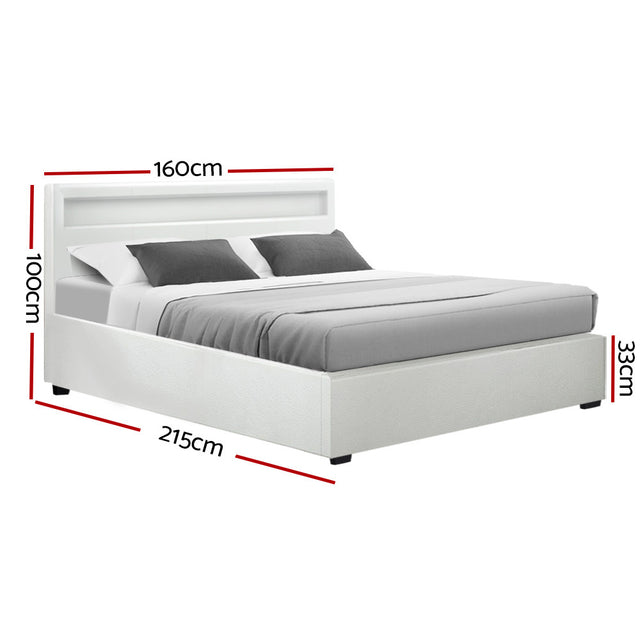 Artiss Bed Frame Queen Size LED Gas Lift White COLE