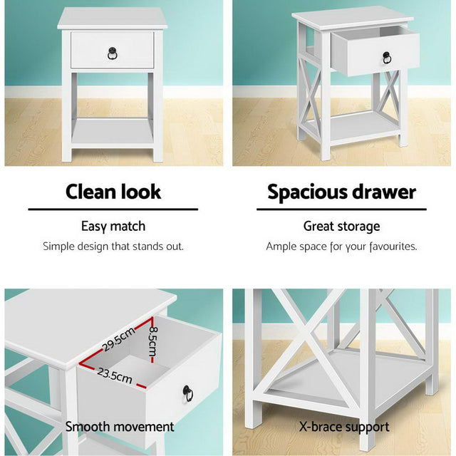2 X Bedside Table 1 Drawer with Shelf - EMMA White