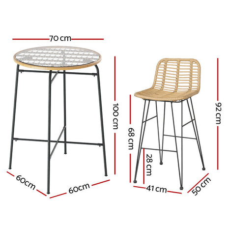 Gardeon 3-Piece Outdoor Bar Set Wicker Table Chairs Patio Bistro